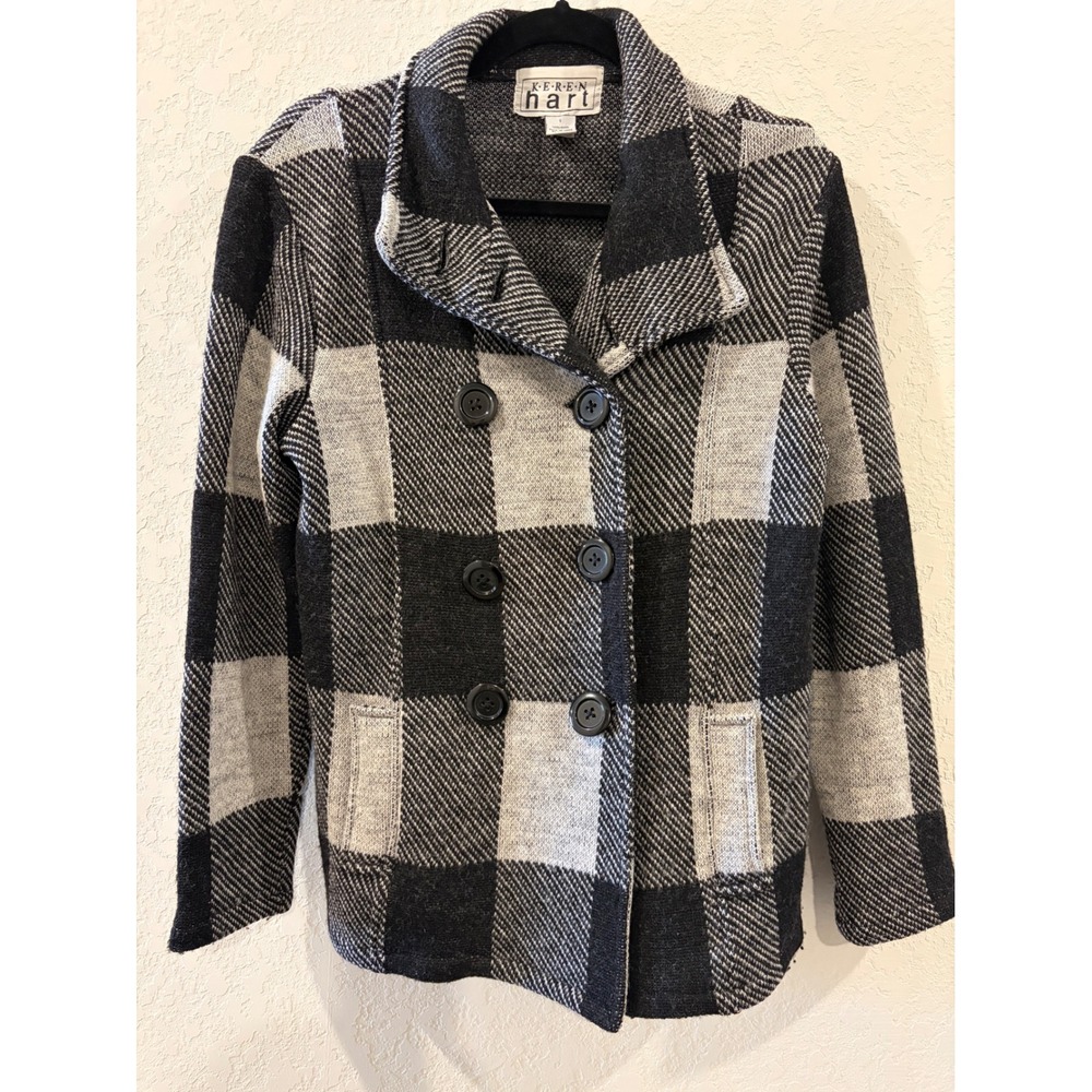 Keren Hart 100% Wool Buffalo Plaid Double Breasted Knit Jacket Grey Black Small